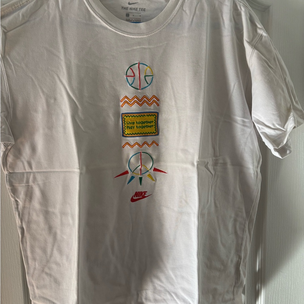 Nike White Tee with Colorful Peace Graphics